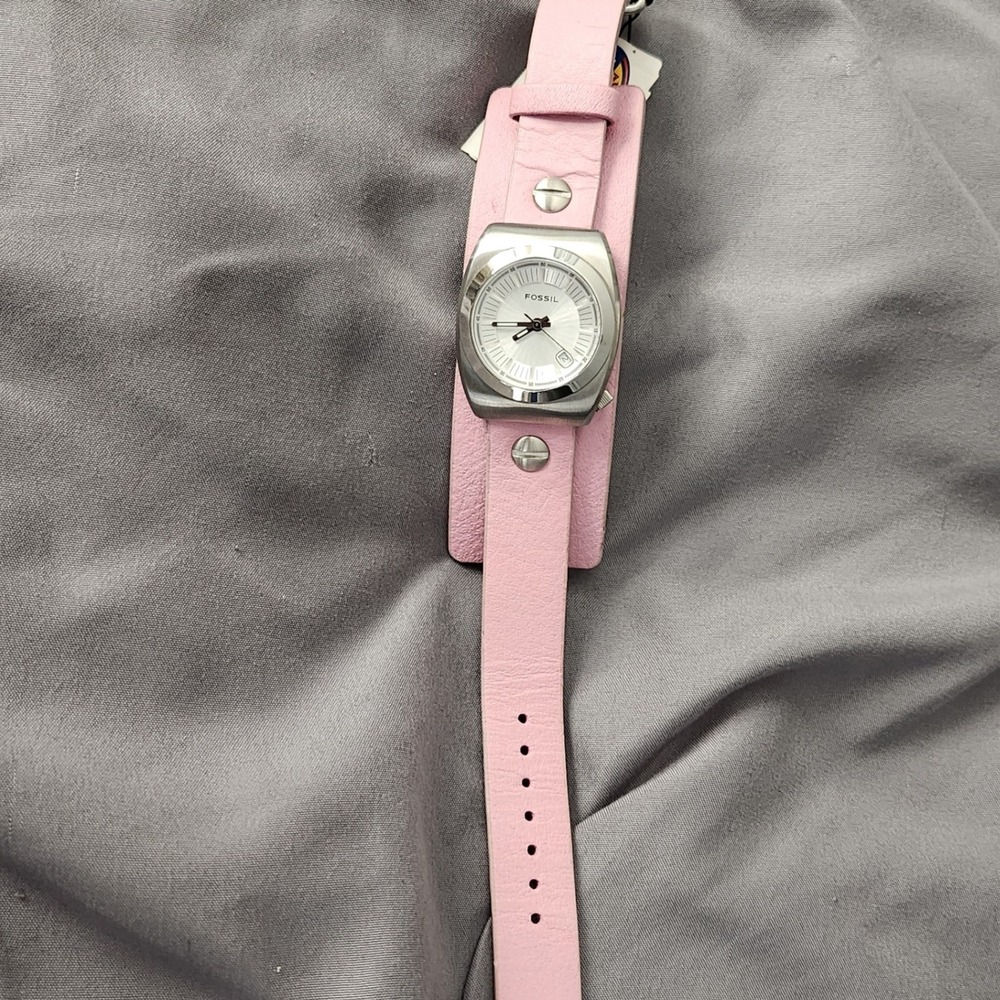 Fossil Womens Pink Leather Cuff Watch White Dial Date Stainless Steel JR-9154